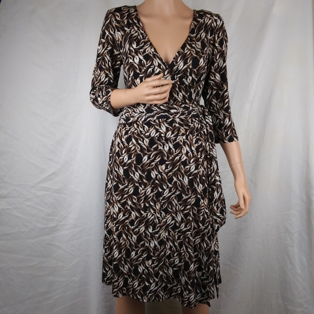 Classic Wrap Style Dress | Stretch Knit Sz S - Brown & Black Print